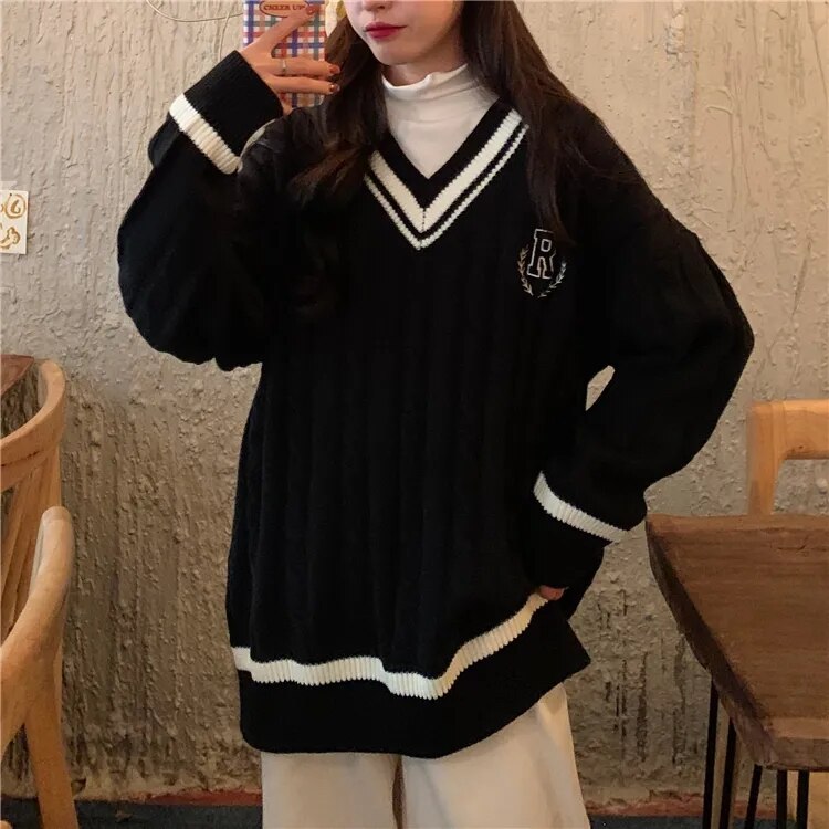 Bella 2022 Women Harajuku V-neck Japanese Sweater Female Preppy Style Long Sleeve Knitted Pullovers Autumn Warm loose Jumpers