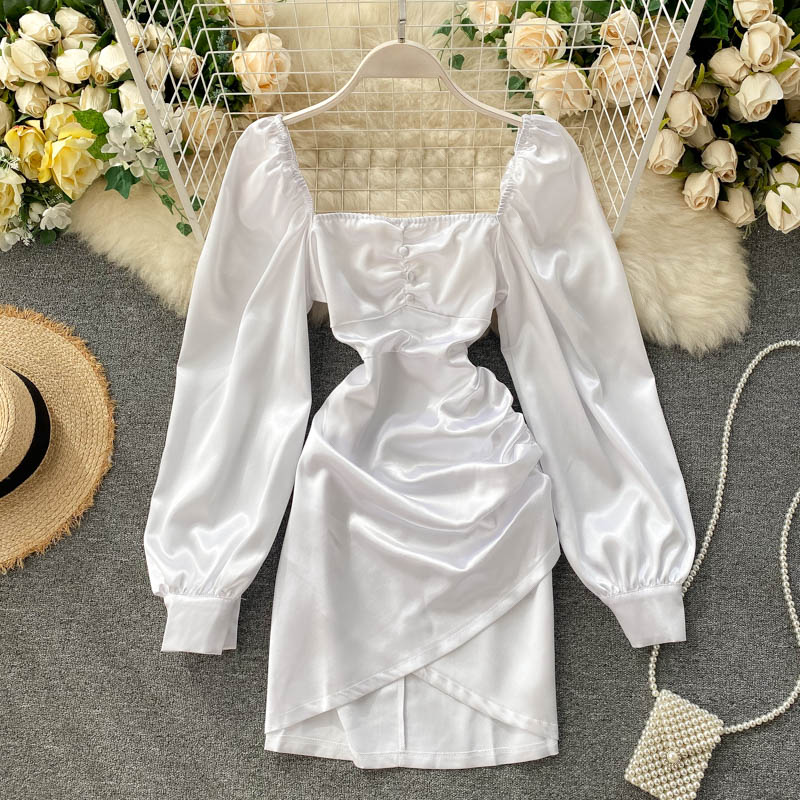 New 2022 Elegant Women Satin Dress Spring Autumn Vintage Square Collar Ruffles Bodycon Dresses Ladies Sexy Short Dress Vestidos
