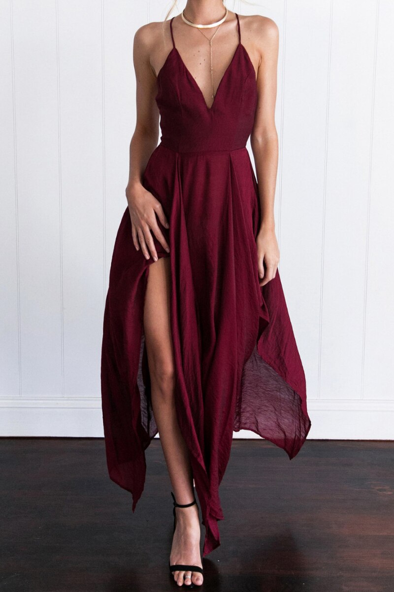 Lizakosht New Women Sexy Party Dress Spaghetti Strap V-neck Sleeveless Chiffon High Slit Irregular Mid Long Dress Vestidos