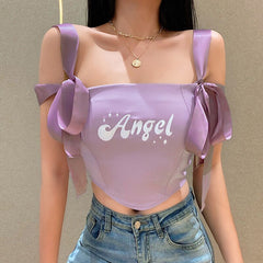 Purple Top Women Summer Girls‘ Shirt 2022  Angel Slim Short Sexy Lace Cute Butterfly Bandage Sling  Backless Vest