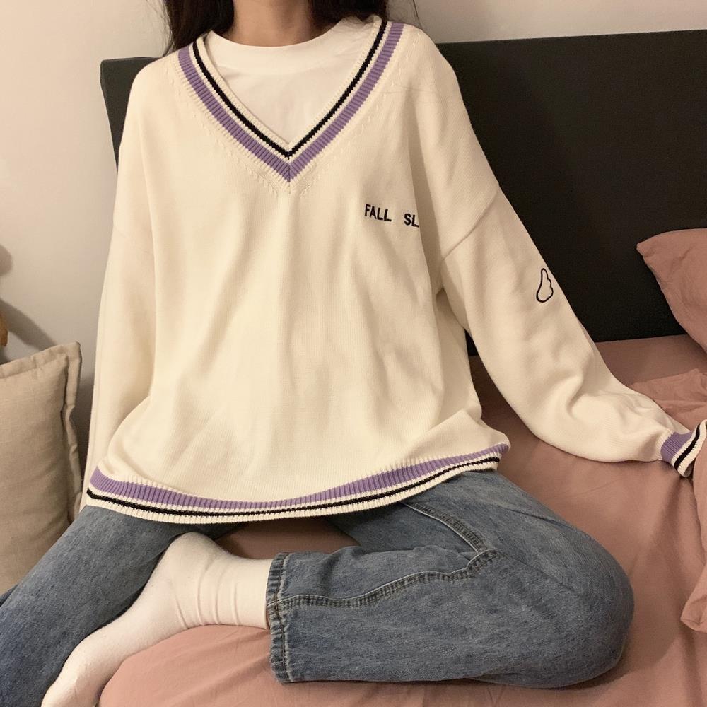 Sweaters Women Ulzzang Letter Chic Vintage V-neck Daily Oversize Girls Pullovers Student Fall Casual All-match Ins Women Sweater