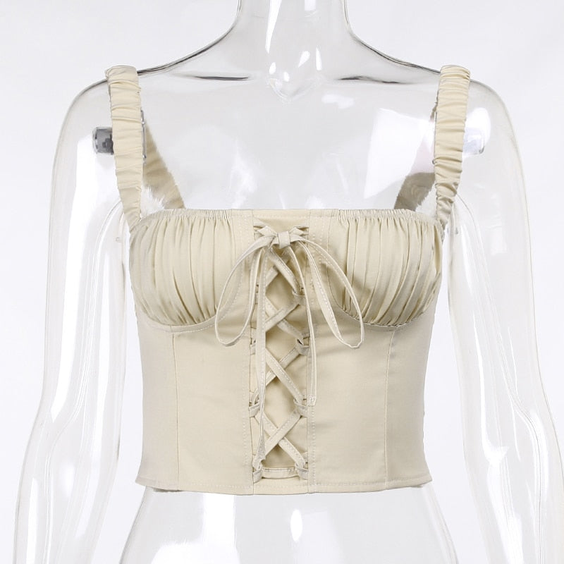 Lizakosht  Ruched Lace Up Backless Camisole Tops For Women Elastic Sleeveless Front Cross Summer Slim Sexy Girl Cropped Top 2021