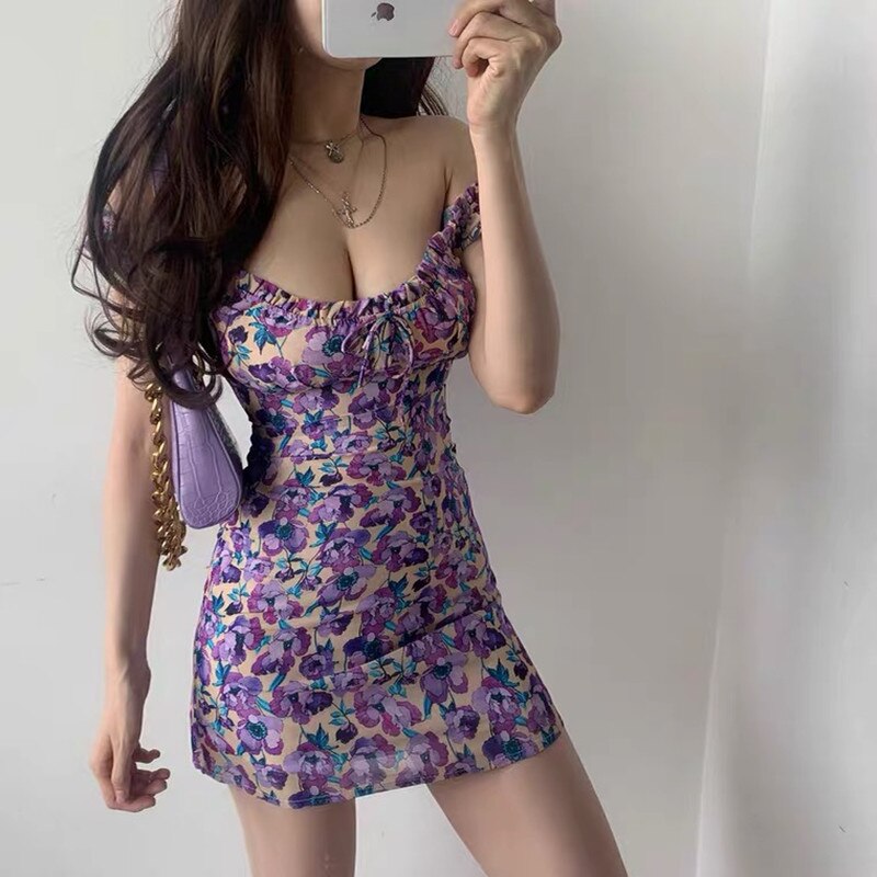 Summer Floral Dress Puff Sleeve Printing French Mini Dress Women Vestidos De Verano Short Sleeve Sexy Club Dress Ladies Dresses
