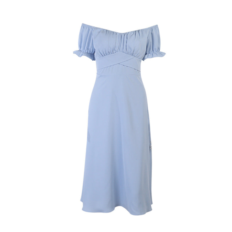 Lizakosht  2021 Summer's New Solid-colored Simple One-word Shoulder-length Skirt Summer Slash Neck  Puff Sleeve  Dresses for Women