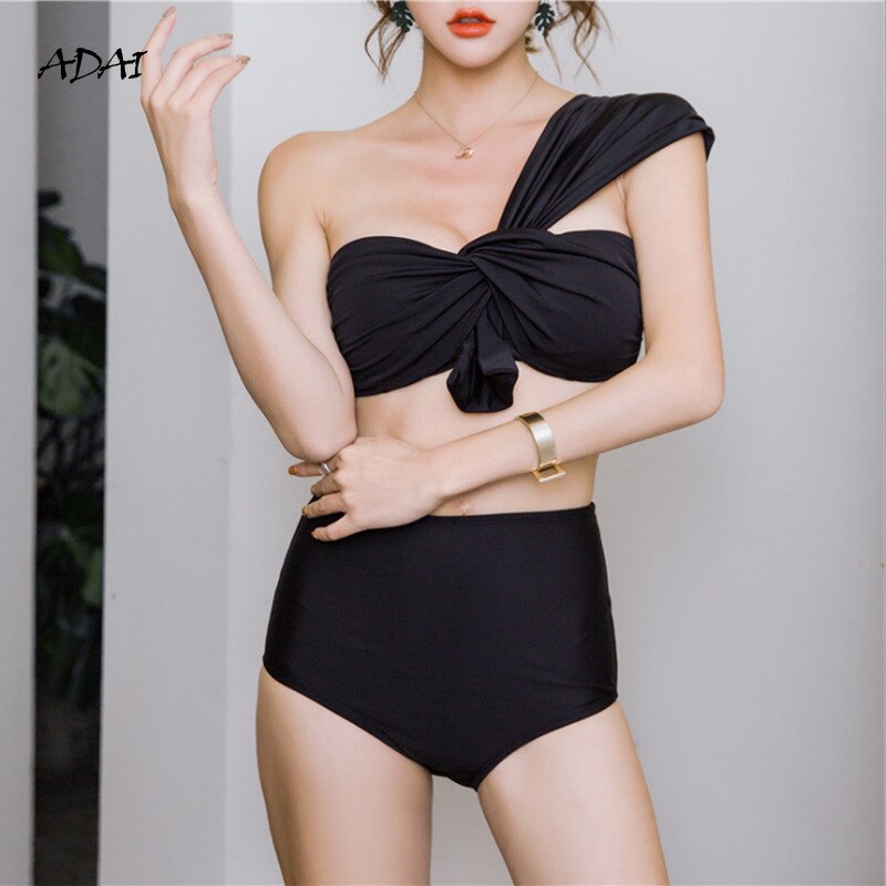 Lizakosht High Waist Bikini Woman Solid One Shoulder Thong Bikini Cute Swimsuit Korean Style 2022 Bathing Suit 2 Piece Bodysuit Monokini