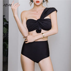 Lizakosht High Waist Bikini Woman Solid One Shoulder Thong Bikini Cute Swimsuit Korean Style 2022 Bathing Suit 2 Piece Bodysuit Monokini
