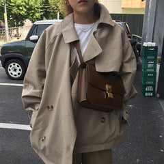 Trench Coat Women Autumn Retro French British Style Plain Lapel Double-breasted Loose Tie Casual Long-sleeved Windbreaker Jacket
