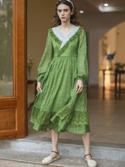 Lizakosht Green Dress SpringSummer Women Vintage Elegant Slim Long Sleeve Embroidery Lace V-Neck Cotton Long Dress ropa mujer talla grande