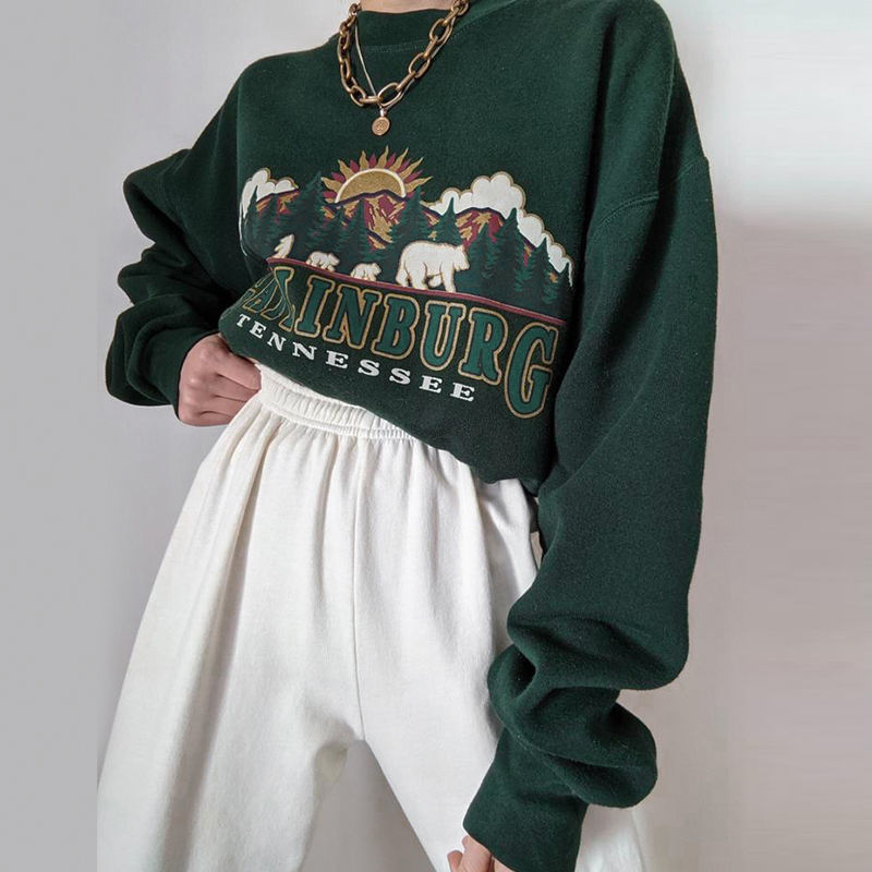 QWEEK Y2K Vintage Green Women Hoodies Oversize E Girl Aesthetic Print Sweatshirt 2021 Autumn 90s Street Pullover Long Sleeve Top