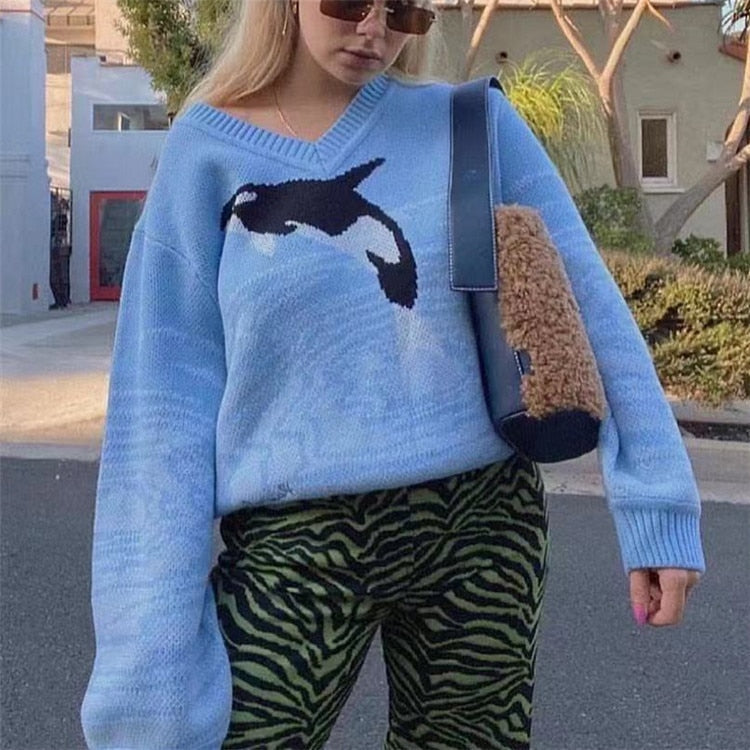 Vintage Y2K Loose Pullovers V-neck Autumn Aesthetic 2000s Knitwear Harajuku Print Blue Sweaters Cute Casual Streetwear
