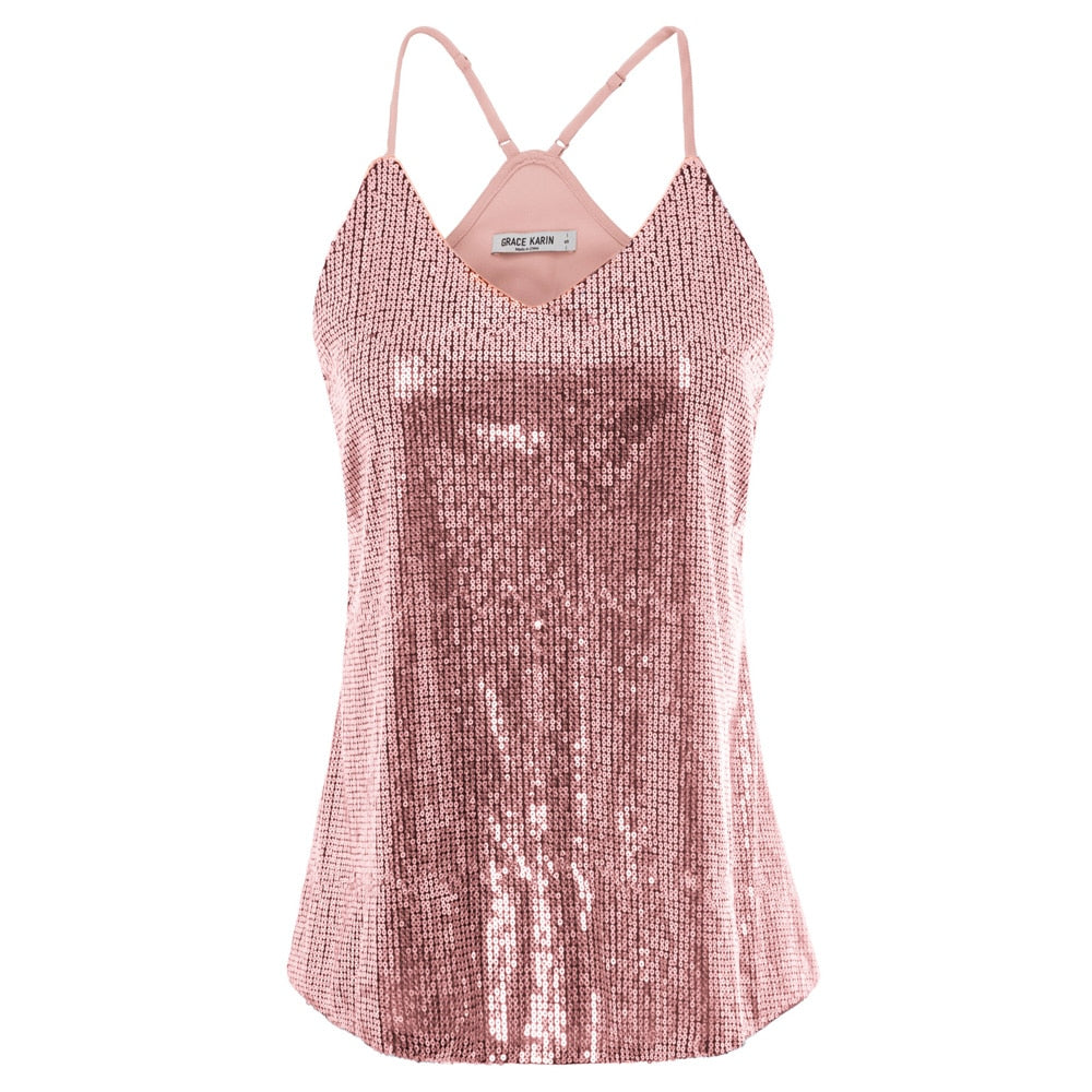Grace Karin Women\\\'s Sequin Sexy V-Neck Top Spaghetti Strap Summer Cocktail Party Sequined Camisole Tank