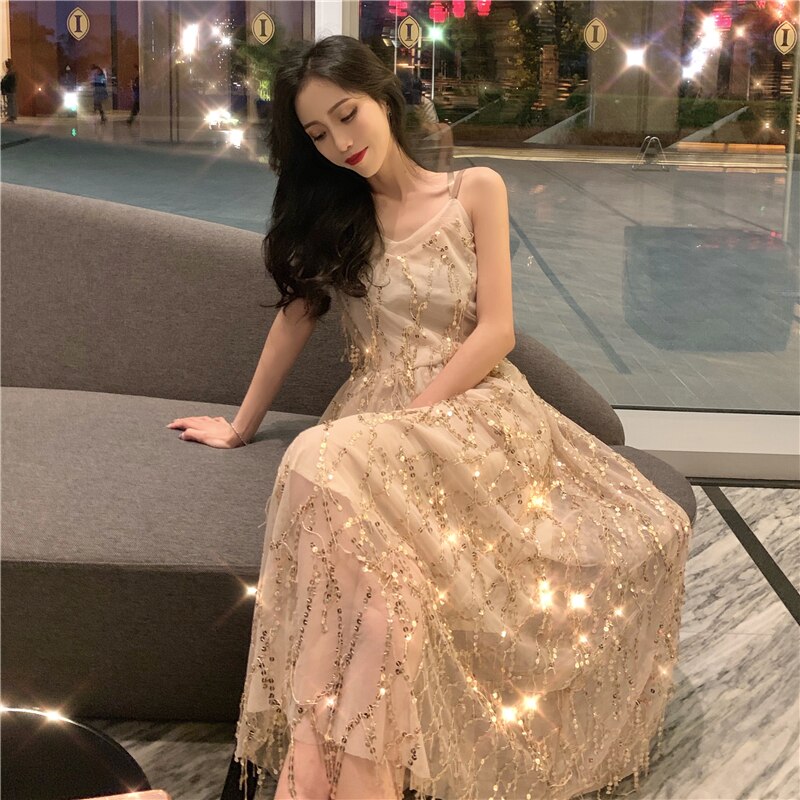 Bella Philosophy 2022 sexy party dress women shiny sequined a-line lady elegant long dresses female v neck backless vestidos