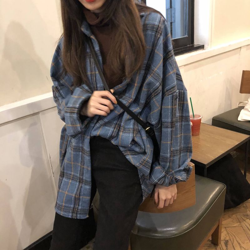 Women Spring Autumn Long Sleeve Blouse Plaid Flannel Boyfriend Tunic Shirts Loose Casual Street Lady Korean Oversized Top