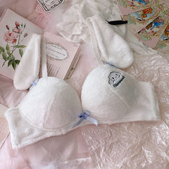 Wriufred Cute Girl Big Ears Bralette Embroidered Plush Gathering Bra without Steel Ring Women Comfortable Lingerie for Home Wear