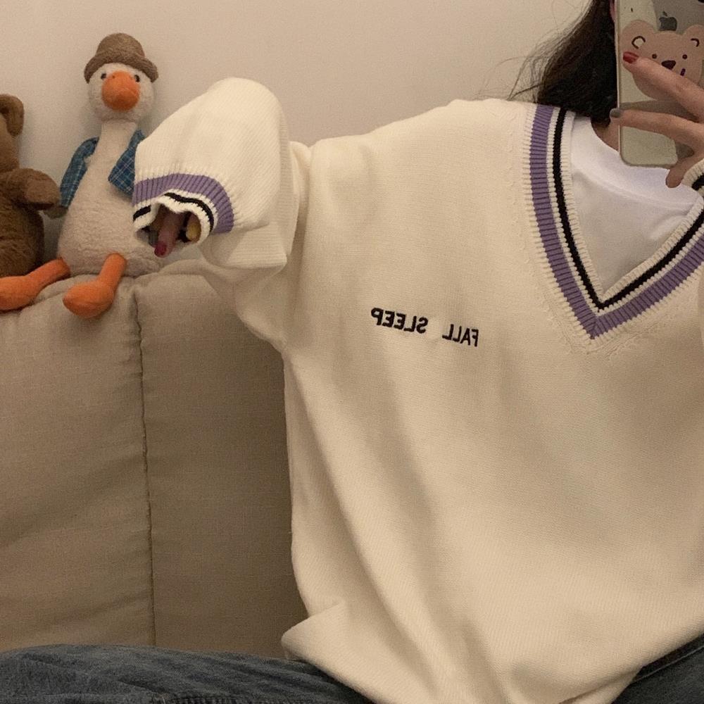 Sweaters Women Ulzzang Letter Chic Vintage V-neck Daily Oversize Girls Pullovers Student Fall Casual All-match Ins Women Sweater