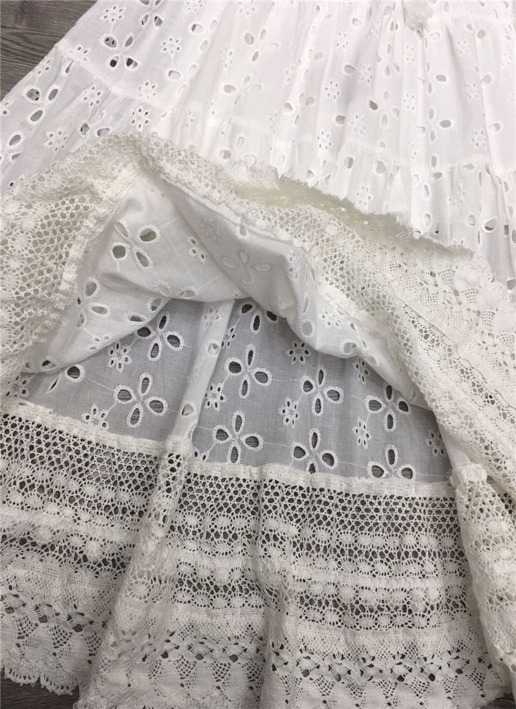 Lizakosht white eyelet skirts for women elastic waist tassel tied pom pom trims summer skirt long bohemian skirts womens