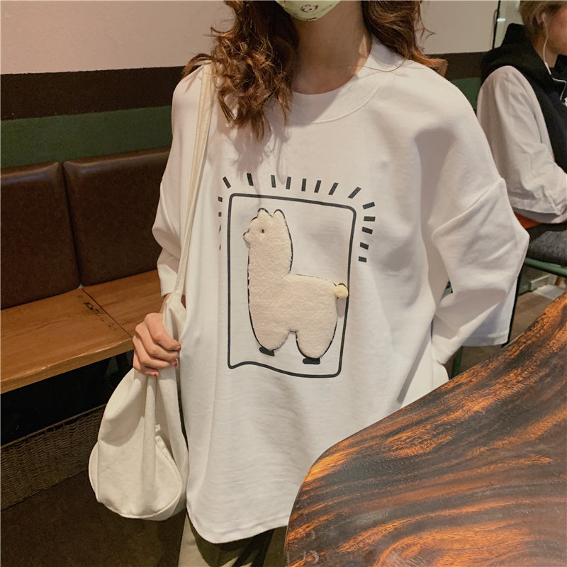 Lizakosht  Cartoon Alpaca Animal Printed Casual Loose Oversize Korean Style 2021 Summer Short Sleeve Women Top Female T-shirts