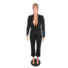 Classic Office Blazer Suit Two Piece Set 2021 Women Casual Commute Cropped Pants Suits Solid Color Mid Length Blazer with Pocket