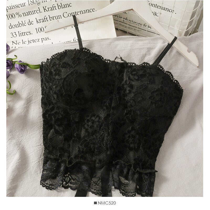 Crop Top Woman 2022 Spring Summer Sexy Lace Straps Hollow Flower Crochet Lace-up Lace Frill Spaghetti-Strap Women's Camisole Top