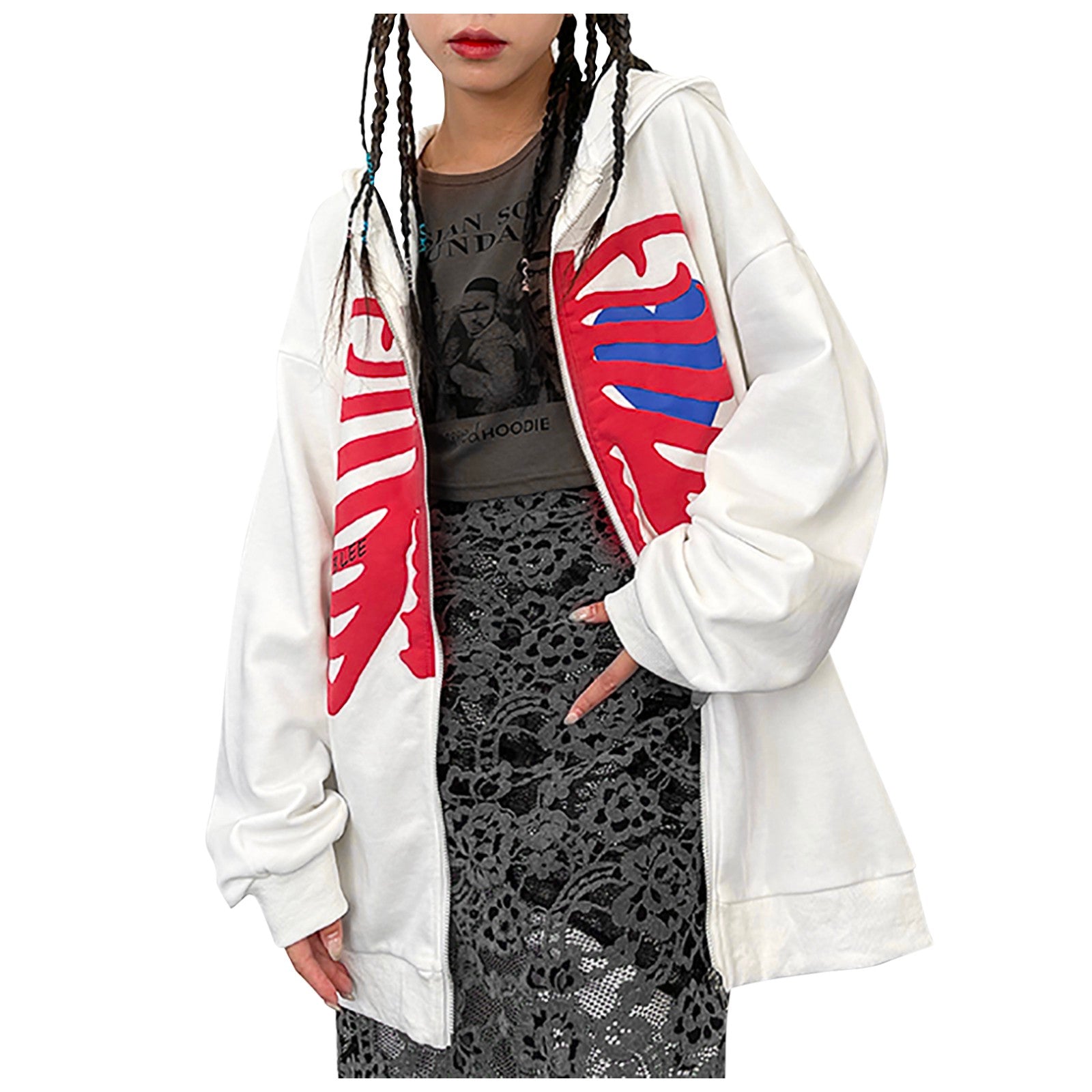 Ladies Hoodies Goth Hoodie Harajuku Woman Clothes Autumn Hooded Sweatshirts Loose Skull Printed Zip Long Sleeve Jacket Coat Top