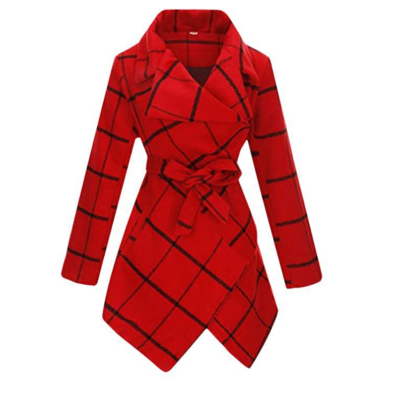 Fashion Plaid Patchwork Lace-Up Belt Women Outerwear Autumn Winter Long Sleeve Double Breasted Windbreaker Jackets Casual Coats