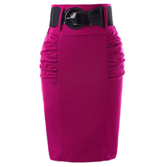 KK Women Shirred Detail ladies skirts pure color pleated design elegant  High Stretch knee Pencil Skirt with Wide Belt falda