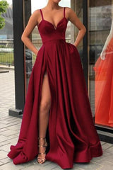 Lizakosht A Line Evening Dress with High Slit Satin Royal Blue Spaghetti Straps Sweetheart Long Evening Gown  robe de soiree