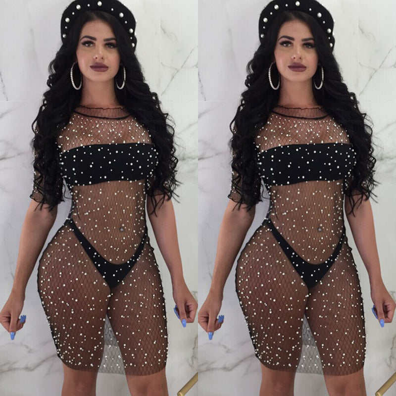 Summer Women Sexy Bikini Cover Up Dress Mesh Fishnet Swimsuit Swimwear Dress Bathing Beachwear