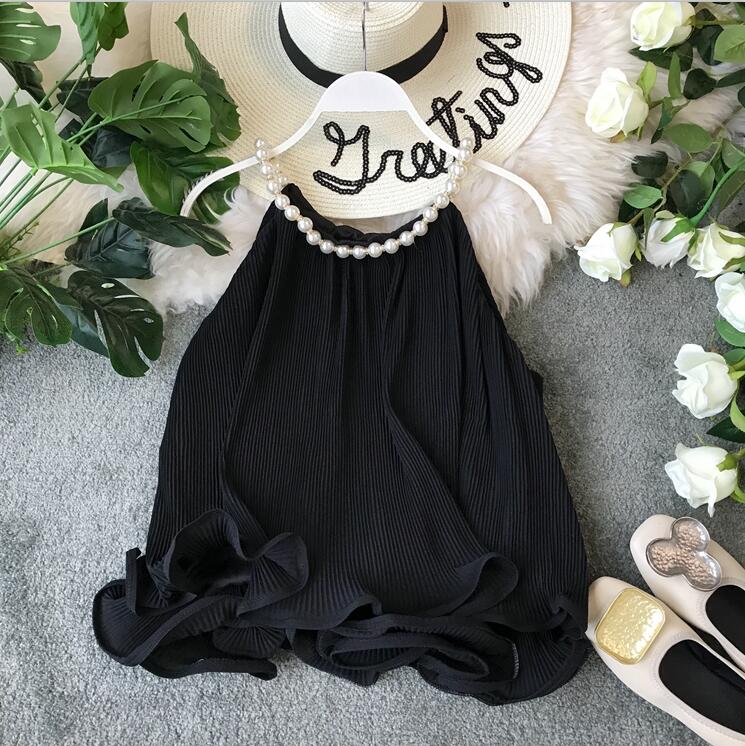 Ruffles Halter Chiffon Pearl Blusa Summer Loose Lace Women Backless Tops Women Sleeveless Candy Blouse Women Shirt