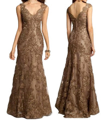 Lizakosht  Gold Mermaid Mother of the Bride Dresses with Lace Half Sleeves Scoop Floor Length Long Plus Size Popular Formal Guest Wear