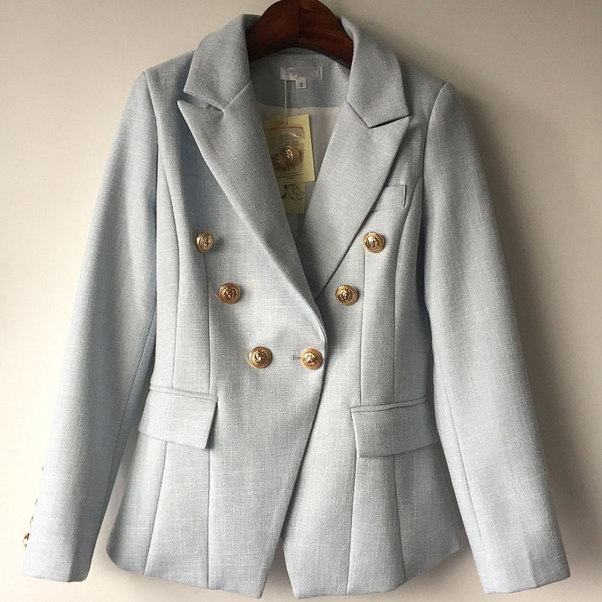 High Quality Fashion Ladies Light Blue Blazer Notched Long Sleeve Double Breasted Buttons Cotton Office Jacket Women Blazer 2019