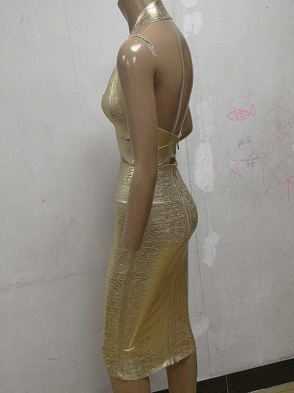 Lizakosht High Quality Gold 2 Pieces Set Knee Length Rayon Bandage Dress Evening Party Bodycon Dress