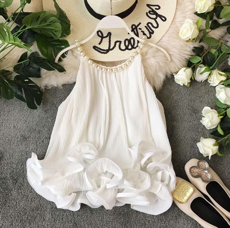 Ruffles Halter Chiffon Pearl Blusa Summer Loose Lace Women Backless Tops Women Sleeveless Candy Blouse Women Shirt