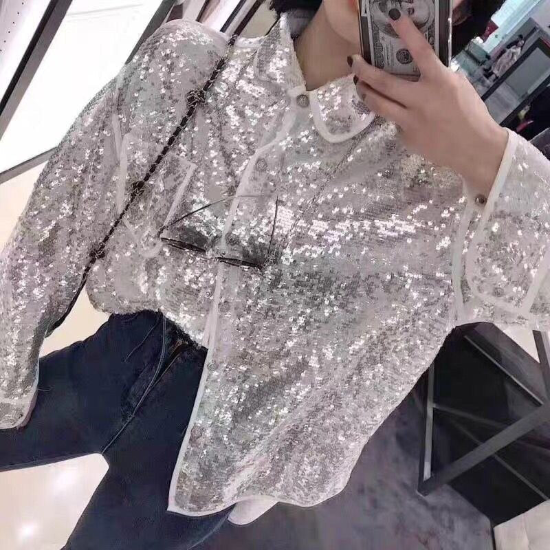 Shiny party Shirt Sequins Blouse Long Sleeve Glitter Cardigan Single-breasted Femme oversize loose Bluses Blusas Buttons Tops