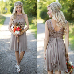Lizakosht  Country Bridesmaid Dresses Knee Length Short Chiffon Lace Sheer Neck Gray Beach Wedding Maid of Honor Party Gowns Fashion
