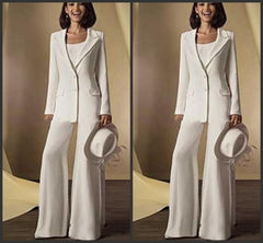 Lizakosht  New Satin Long Sleeves Mother Of the Bride Dresses Pant Suits with jacket 3 Pieces Custom Made Women White Formal Outfits