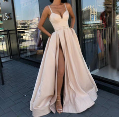 Lizakosht A Line Evening Dress with High Slit Satin Royal Blue Spaghetti Straps Sweetheart Long Evening Gown  robe de soiree