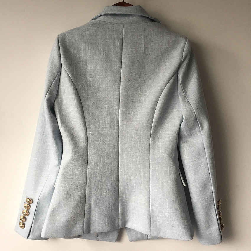 High Quality Fashion Ladies Light Blue Blazer Notched Long Sleeve Double Breasted Buttons Cotton Office Jacket Women Blazer 2019