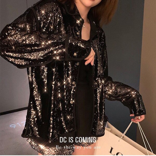 Shiny party Shirt Sequins Blouse Long Sleeve Glitter Cardigan Single-breasted Femme oversize loose Bluses Blusas Buttons Tops