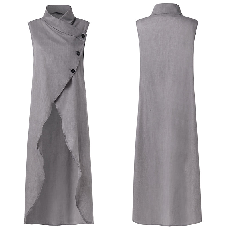 Women Blouses 2021 Celmia Asymmetrical Retro Tops Sleeveless Button Down Casual Split Long Shirt Loose Elegant Office Tunics