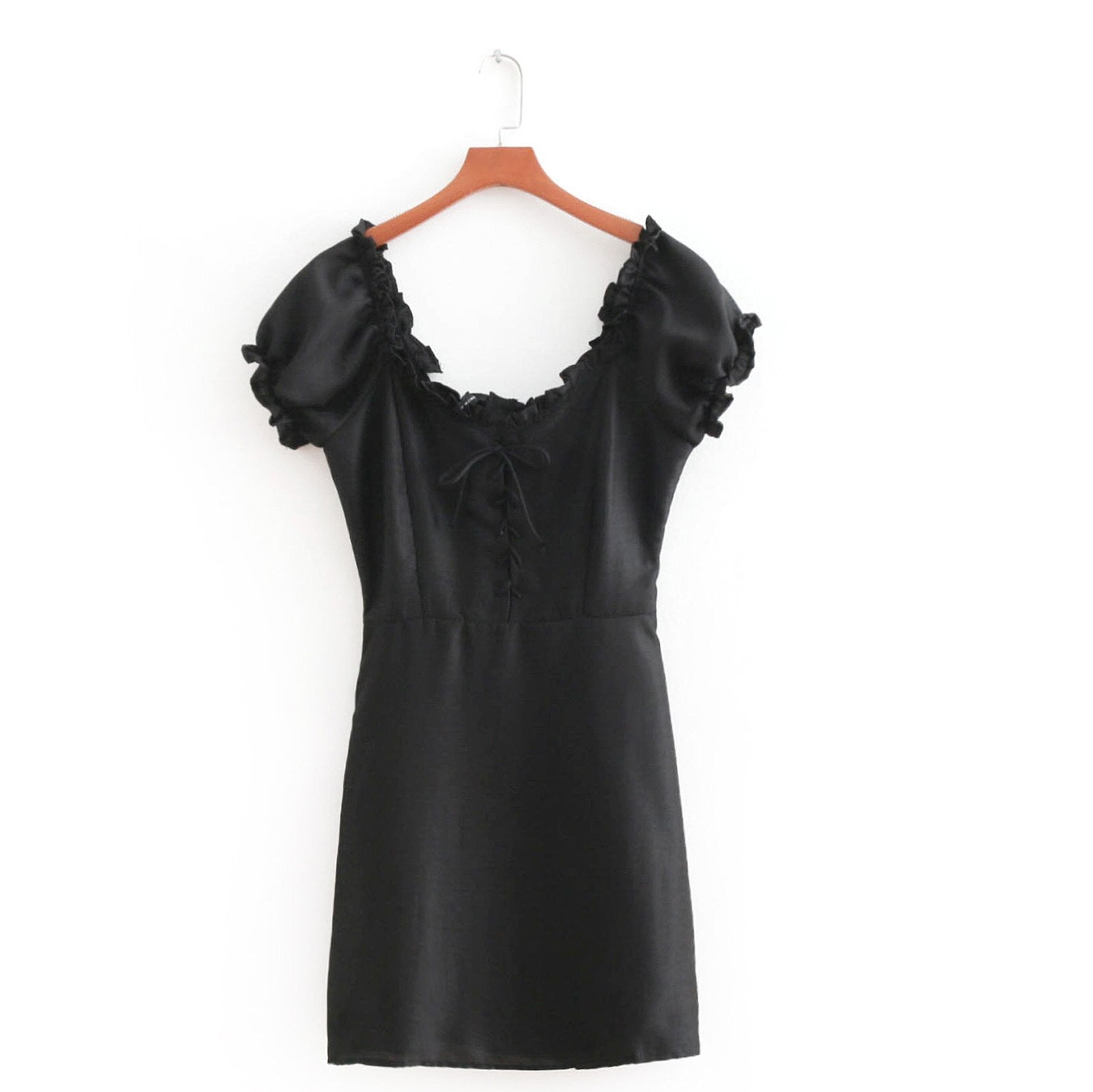 Ruffle Edged Neck Mini Dress Women Puffed Shoulder Vintage Lace Up Front Dress Slim Dresses