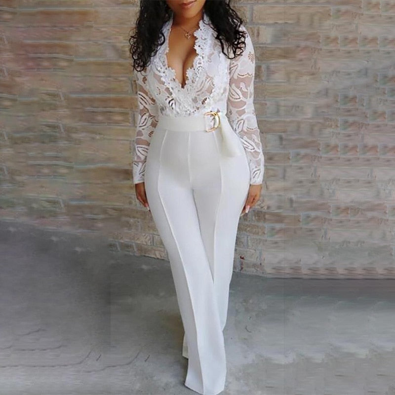 Lizakosht  White Lace V-Neck Jumpsuit Women Long Sleeve High Waisted Sashes Sexy Jumpsuits Female 2021 Summer Spring Fashion Romper Woman