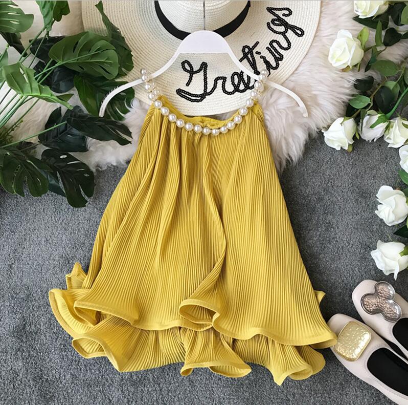 Ruffles Halter Chiffon Pearl Blusa Summer Loose Lace Women Backless Tops Women Sleeveless Candy Blouse Women Shirt