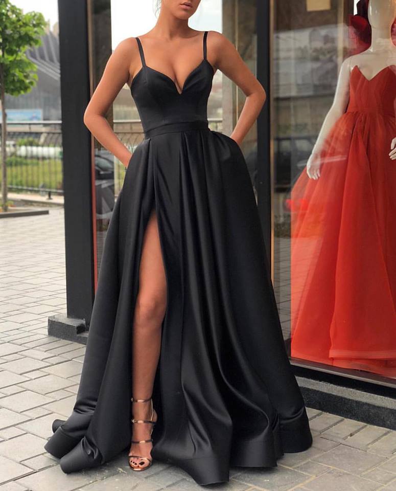 Lizakosht A Line Evening Dress with High Slit Satin Royal Blue Spaghetti Straps Sweetheart Long Evening Gown  robe de soiree