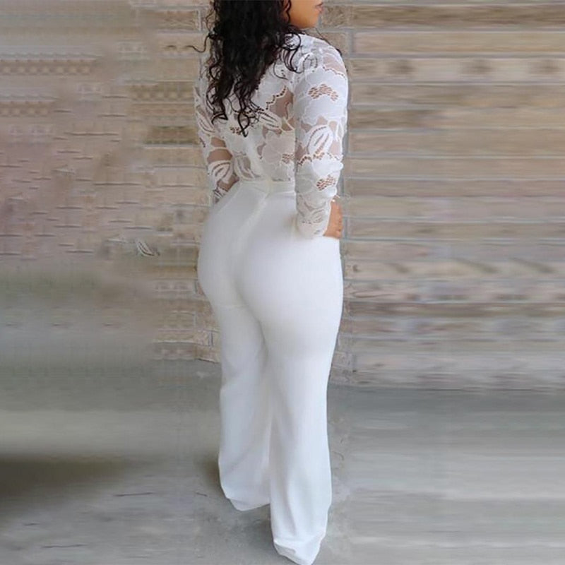 Lizakosht  White Lace V-Neck Jumpsuit Women Long Sleeve High Waisted Sashes Sexy Jumpsuits Female 2021 Summer Spring Fashion Romper Woman