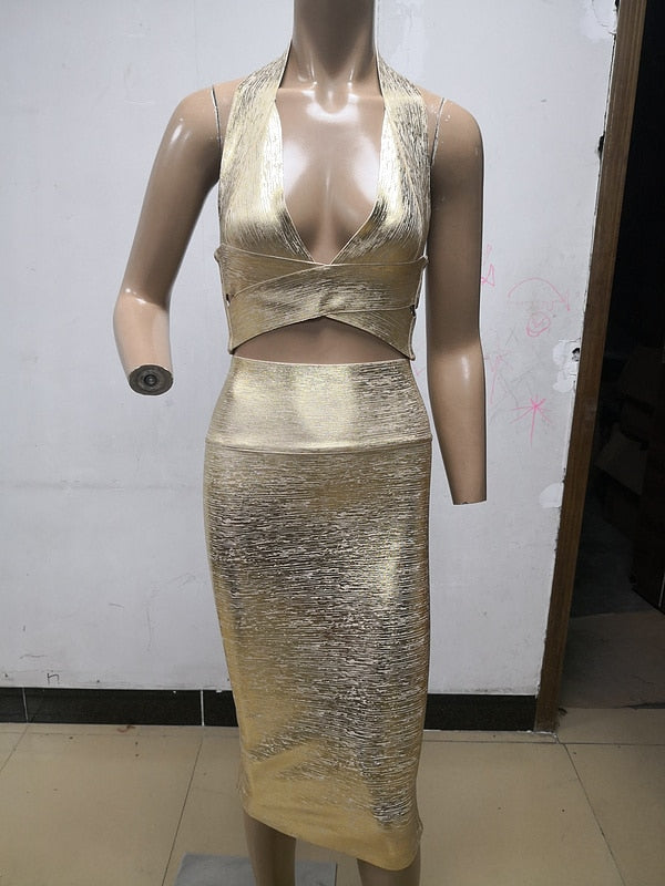 Lizakosht High Quality Gold 2 Pieces Set Knee Length Rayon Bandage Dress Evening Party Bodycon Dress