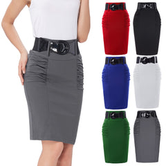 KK Women Shirred Detail ladies skirts pure color pleated design elegant  High Stretch knee Pencil Skirt with Wide Belt falda