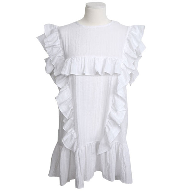 Ruffles Straight Dress Women Cotton Vintage Summer Party Dress Loose O-Neck Butterfly Sleeve Elegant Dress Cocktail Sexy Club