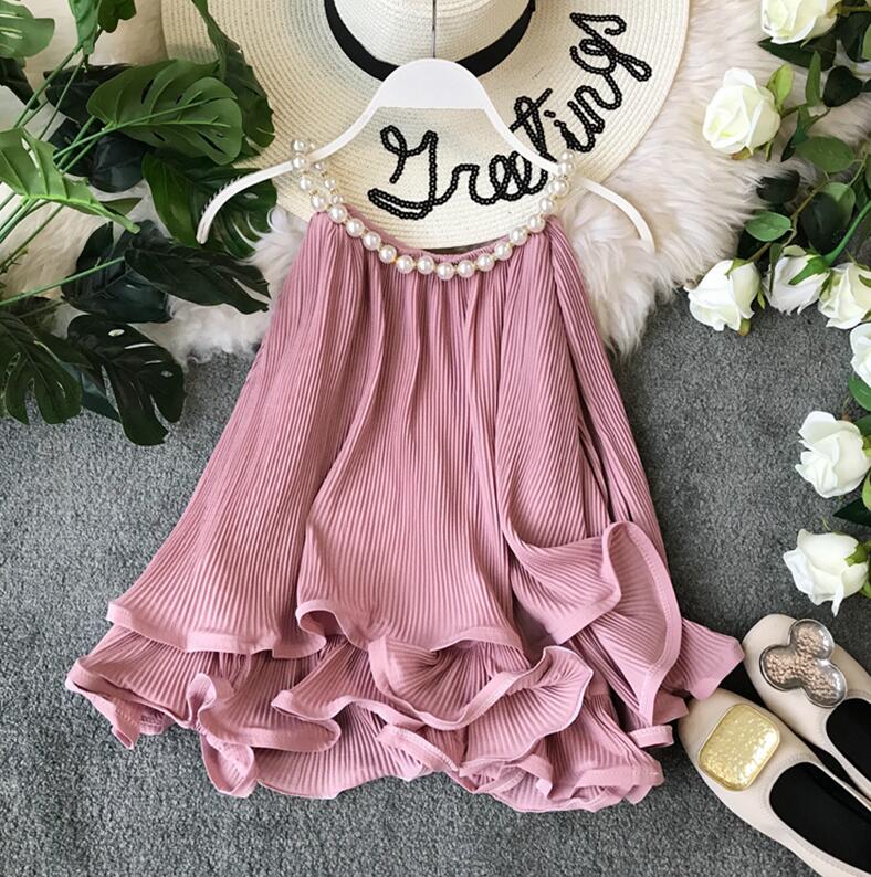 Ruffles Halter Chiffon Pearl Blusa Summer Loose Lace Women Backless Tops Women Sleeveless Candy Blouse Women Shirt