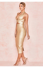 Lizakosht High Quality Gold 2 Pieces Set Knee Length Rayon Bandage Dress Evening Party Bodycon Dress